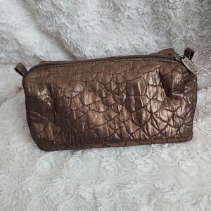 Chic Lancome Bronze Brown Quilted Textured Cosmetic Bag Metallic